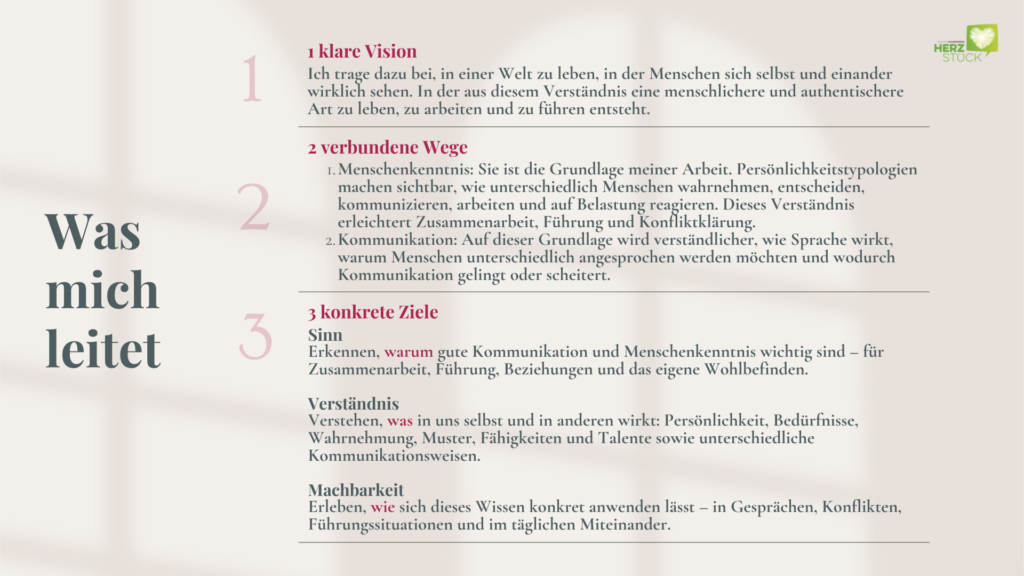 Übersicht „Was mich leitet“ mit den Grundsätzen, die Nadine Hildesheims Arbeit als Coach und Dozentin prägen.